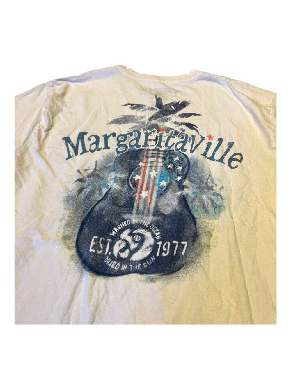 Jimmy Buffet Margaritaville TShirt Medium White Blue Washed In The Sea Guitar